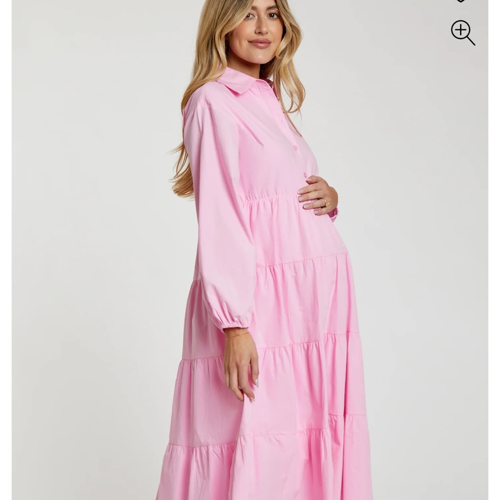 Pink Tiered Collared Maternity Midi Dres